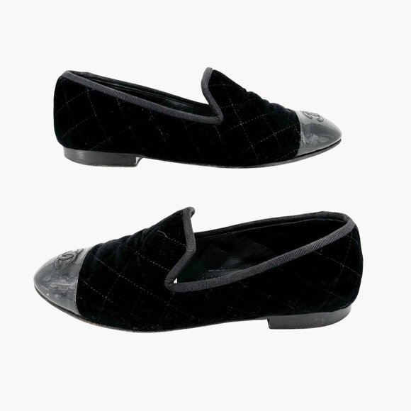 Chanel CC Cap Toe Quilted Loafers Size 37.5 US 6.5-7 Black Velvet Flat Slipper - Picture 7 of 14